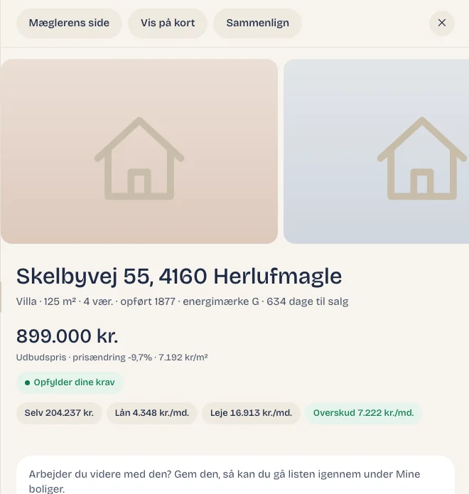Én bolig regnet igennem: udlejning opfylder kravene med ROIC år 1 på 47,8% og 5.580 kr. i overskud om måneden, og kravet holder op til et bud på 670.000 kr. BRRRR er tæt på.